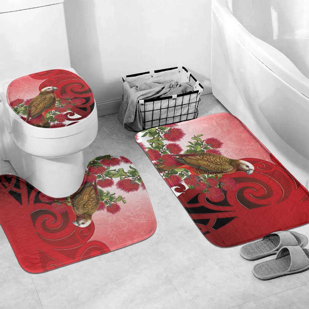 New Zealand Parrot Kaka Bathroom Set Maori Koru With Pohutukawa Flowers LT05 Mat Set Only (3 pcs) One Size Red - Polynesian Pride