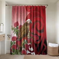 New Zealand Parrot Kaka Bathroom Set Maori Koru With Pohutukawa Flowers LT05 Shower Curtain Only Red - Polynesian Pride