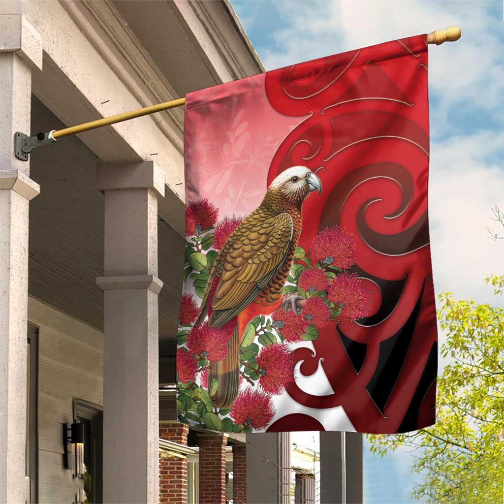 New Zealand Parrot Kaka Garden Flag Maori Koru With Pohutukawa Flowers LT05 House Flag Red - Polynesian Pride