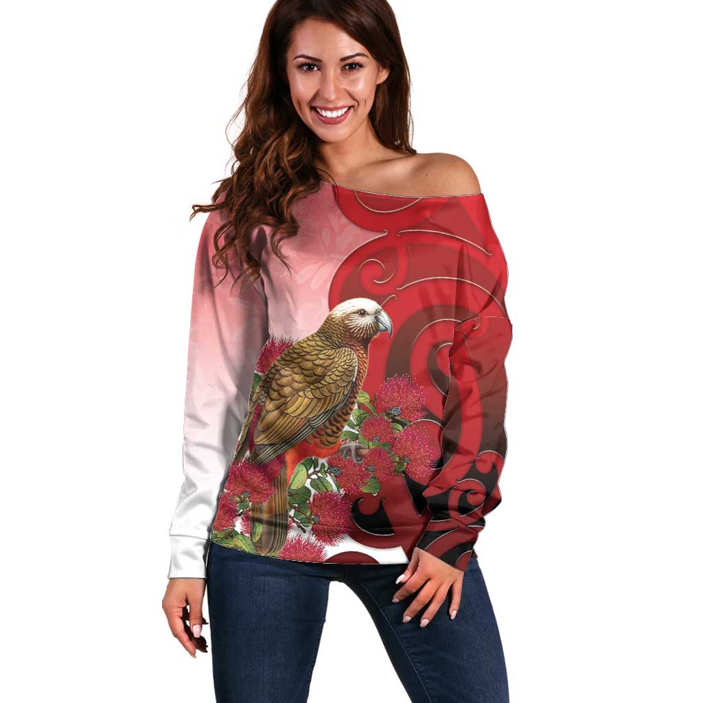 New Zealand Parrot Kaka Off Shoulder Sweater Maori Koru With Pohutukawa Flowers LT05 Women Red - Polynesian Pride