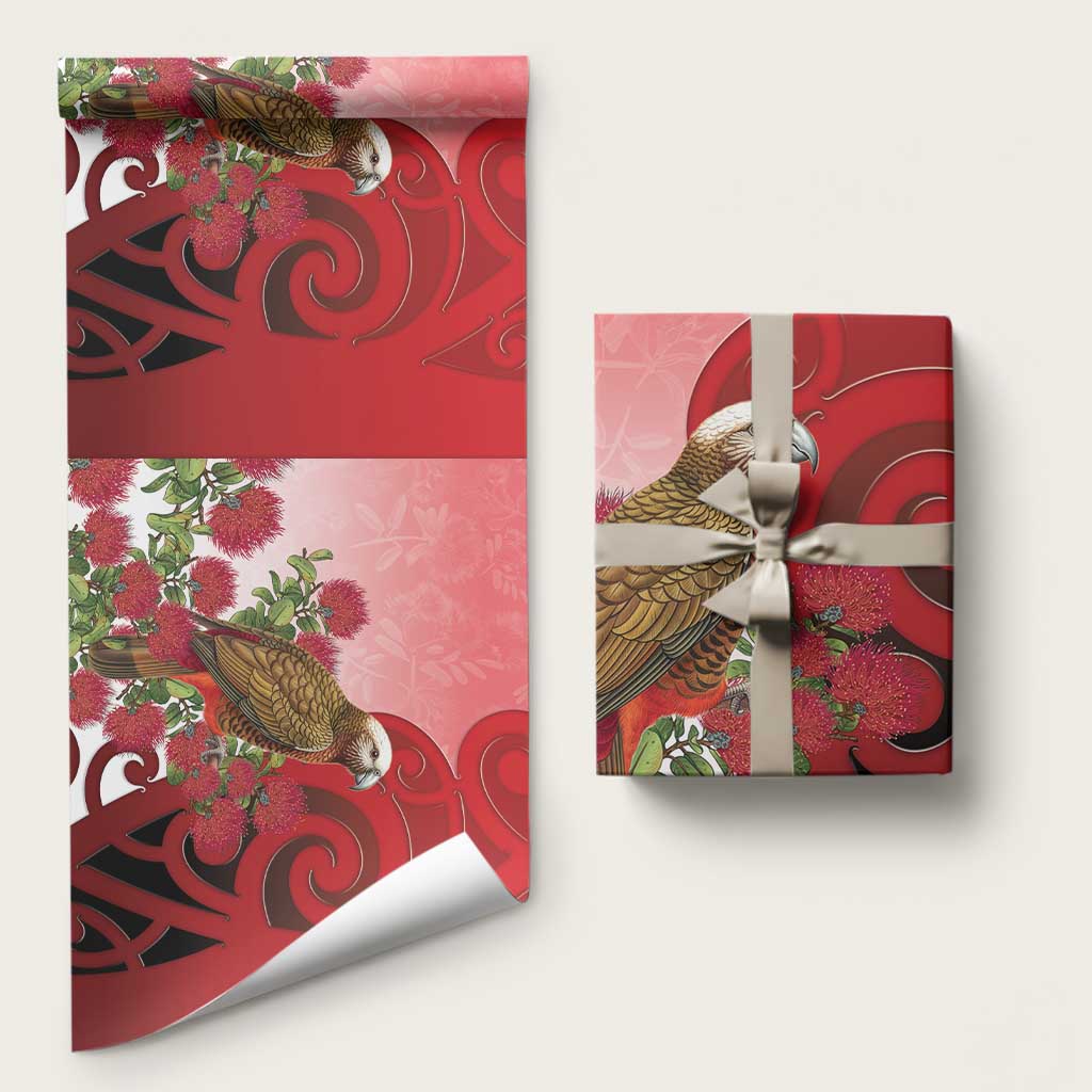 New Zealand Parrot Kaka Wrapping Paper Maori Koru With Pohutukawa Flowers LT05 58" × 23" Red - Polynesian Pride