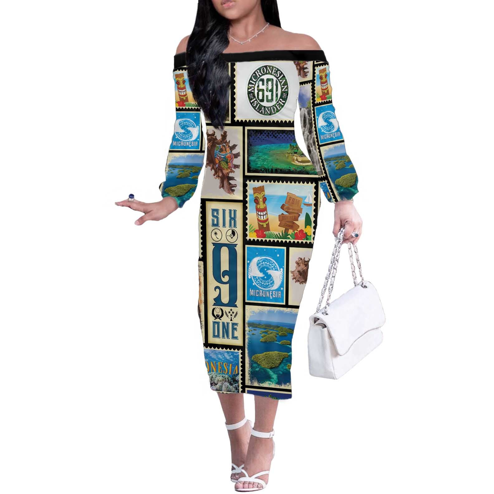 FSM Micronesia Culture Off The Shoulder Long Sleeve Dress