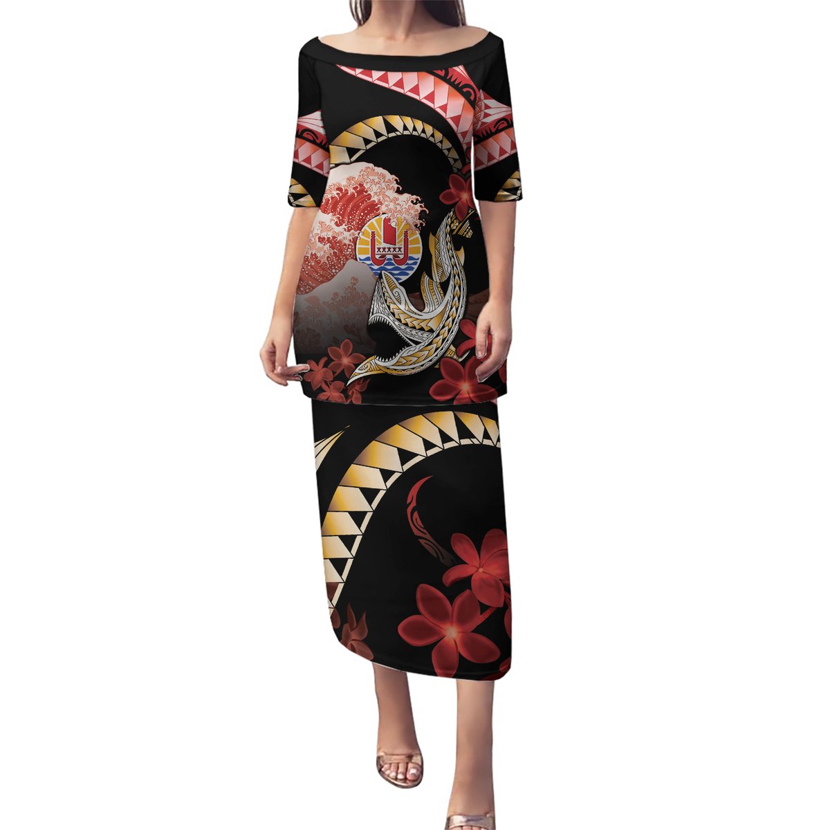 Personalised French Polynesia Victory Day Puletasi Polynesian Pattern Plumeria LT05 Long Dress Black - Polynesian Pride