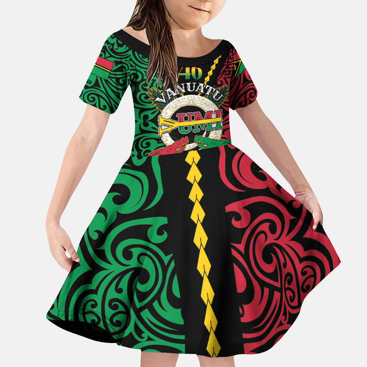 Vanuatu 46th Independence Day Kid Short Sleeve Dress Long God Yumi Stanap Wild Boar LT05 KID Black - Polynesian Pride