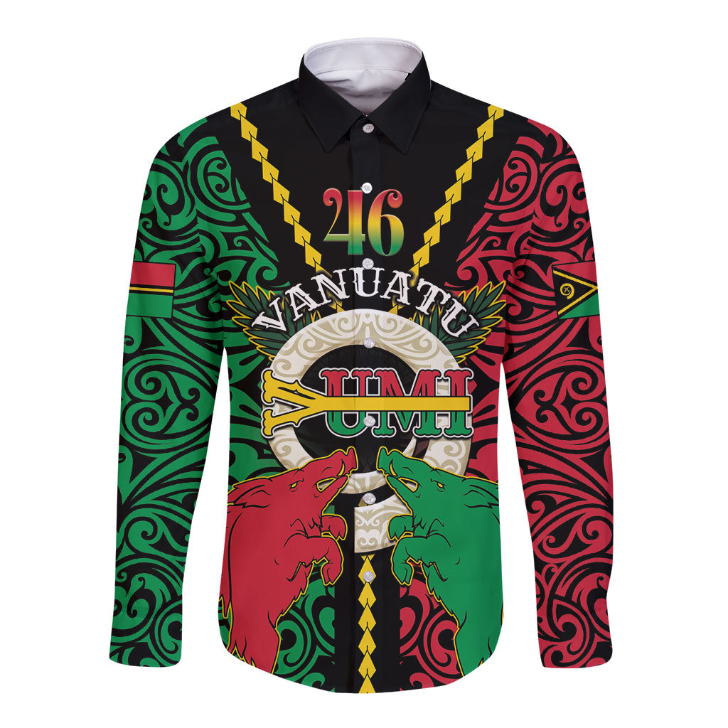 Vanuatu 46th Independence Day Long Sleeve Button Shirt Long God Yumi Stanap Wild Boar LT05 Unisex Black - Polynesian Pride