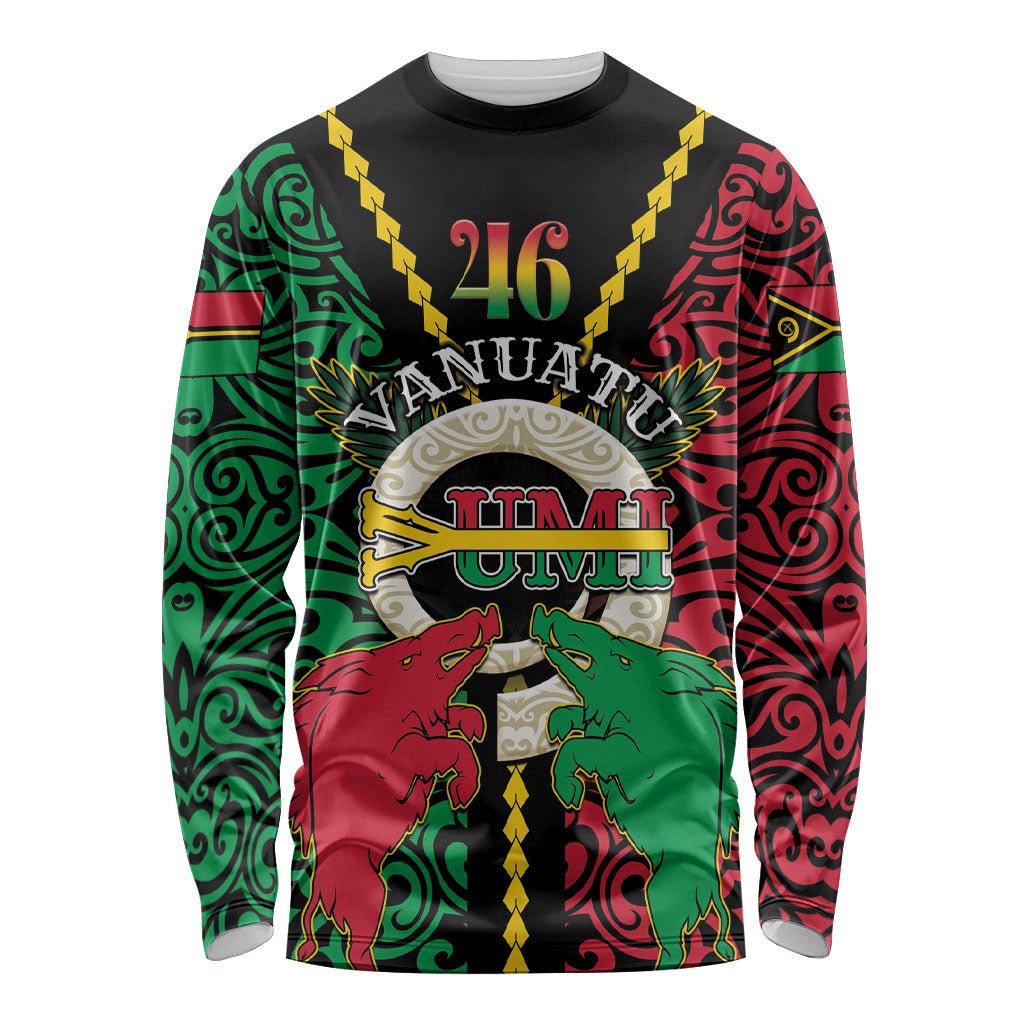 Vanuatu 46th Independence Day Long Sleeve Shirt Long God Yumi Stanap Wild Boar LT05 Unisex Black - Polynesian Pride
