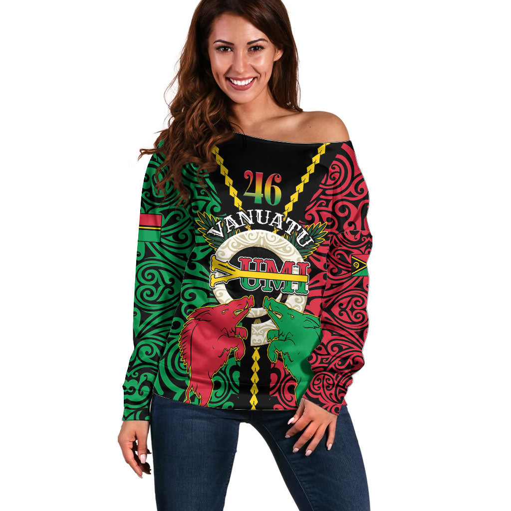 Vanuatu 46th Independence Day Off Shoulder Sweater Long God Yumi Stanap Wild Boar LT05 Women Black - Polynesian Pride