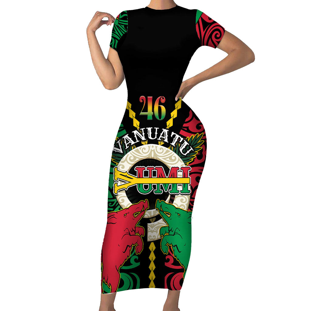 Vanuatu 46th Independence Day Short Sleeve Bodycon Dress Long God Yumi Stanap Wild Boar LT05 Long Dress Black - Polynesian Pride