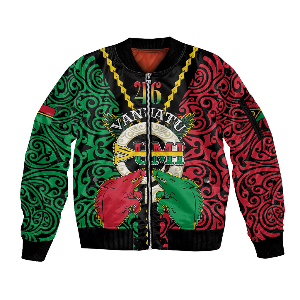 Vanuatu 46th Independence Day Sleeve Zip Bomber Jacket Long God Yumi Stanap Wild Boar LT05 Unisex Black - Polynesian Pride