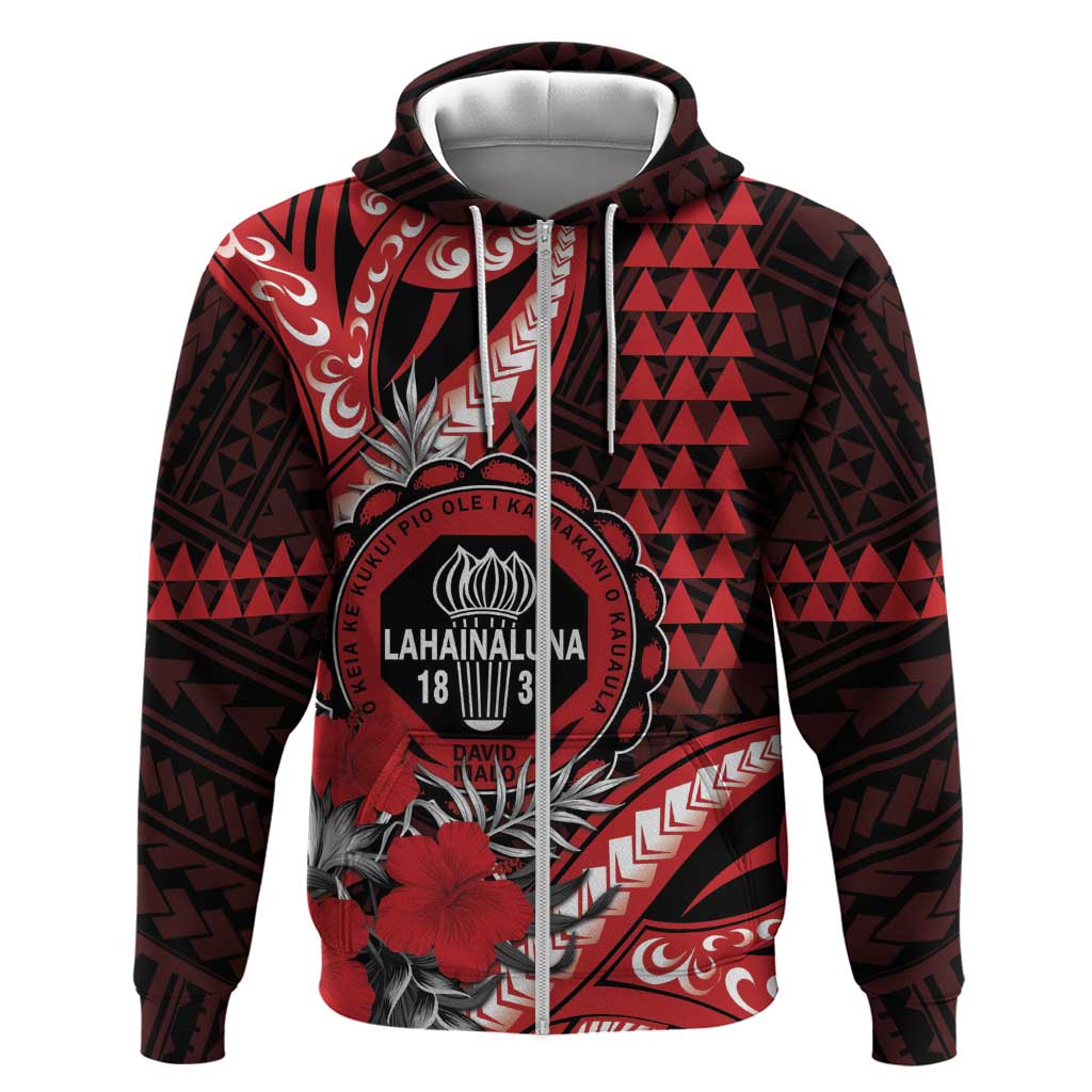Personalized Hawaii Lahainaluna High School Zip Hoodie Tribal Tattoo With Hibiscus Flowers LT05 Zip Hoodie Red - Polynesian Pride