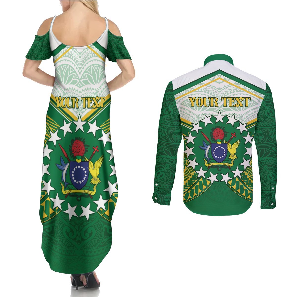 Personalised Cook Islands Ra o te Ui Ariki Couples Matching Summer Maxi Dress and Long Sleeve Button Shirt Polynesian Pattern LT05 - Polynesian Pride