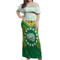 Personalised Cook Islands Ra o te Ui Ariki Off Shoulder Maxi Dress Polynesian Pattern LT05 Women Green - Polynesian Pride