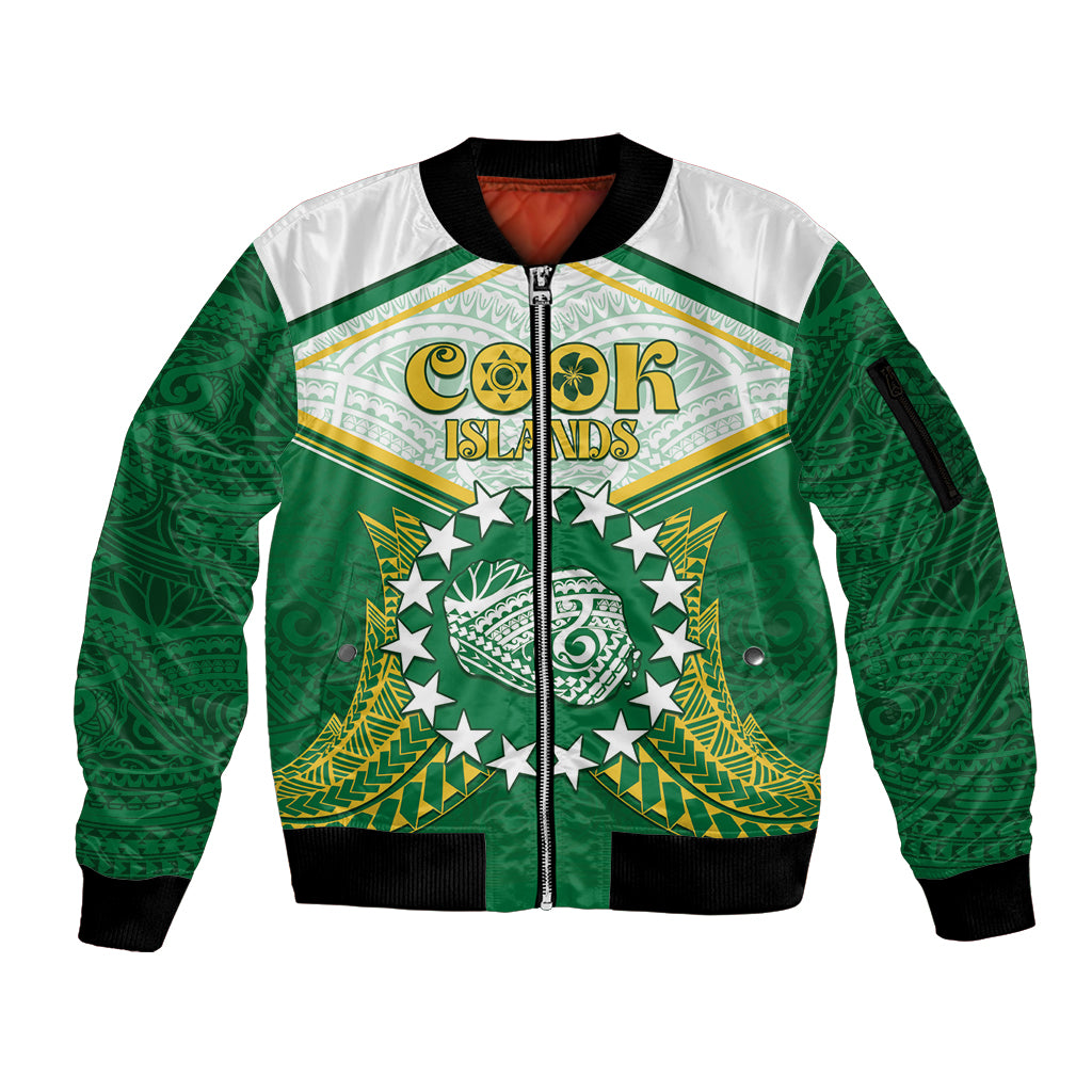 Personalised Cook Islands Ra o te Ui Ariki Sleeve Zip Bomber Jacket Polynesian Pattern LT05 Unisex Green - Polynesian Pride