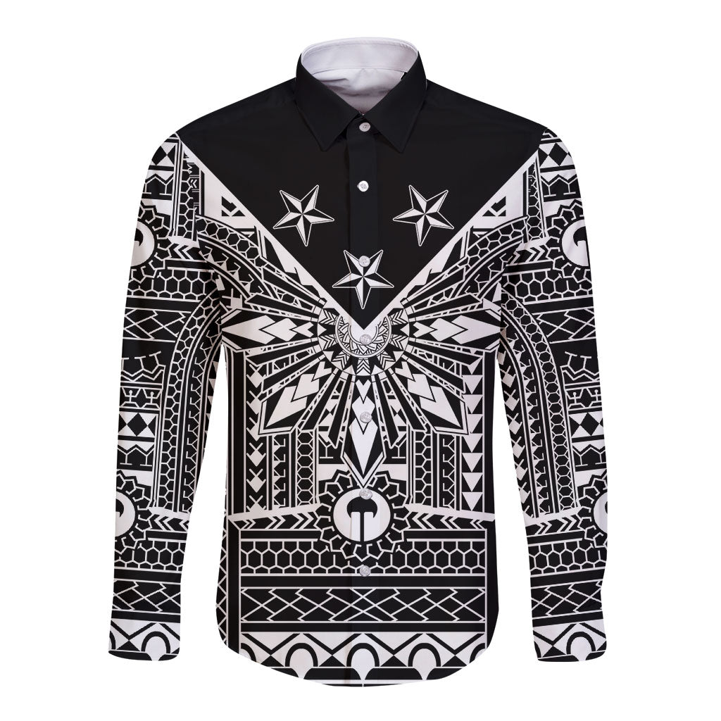 Black Philippines Sun Star Long Sleeve Button Shirt Igorot Tribal Inspiration LT05 Unisex Black - Polynesian Pride