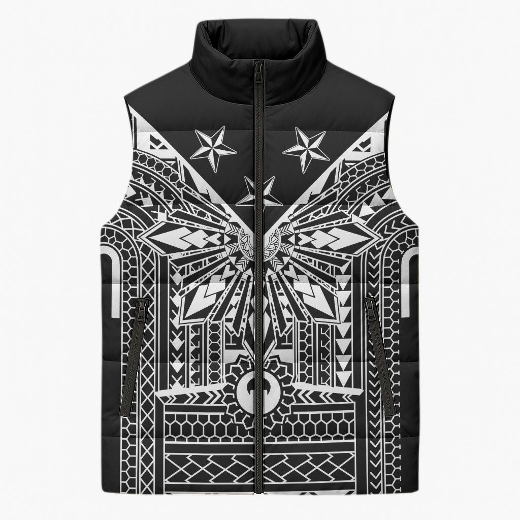Black Philippines Sun Star Sleeveless Puffer Jacket Igorot Tribal Inspiration LT05 Unisex Black - Polynesian Pride