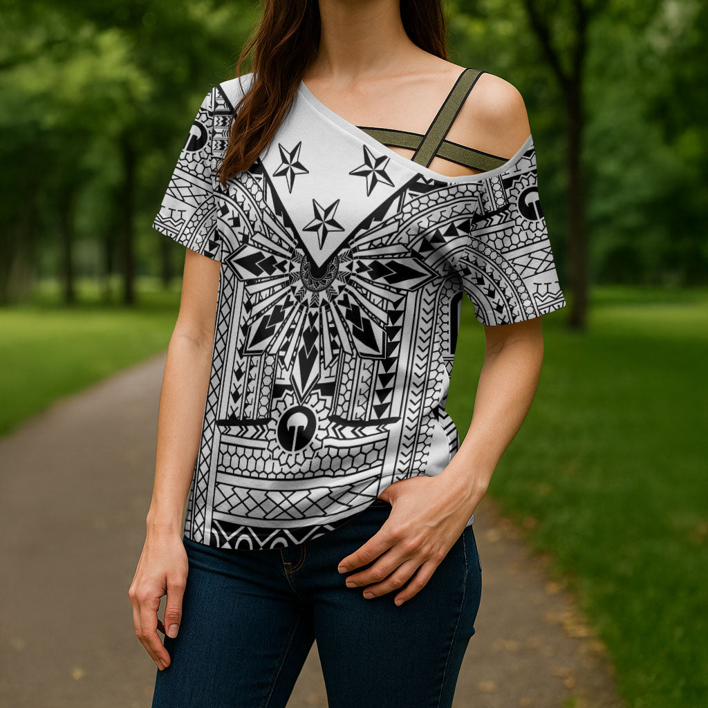 White Philippines Sun Star Cross Shoulder Shirt Igorot Tribal Inspiration LT05 - Polynesian Pride