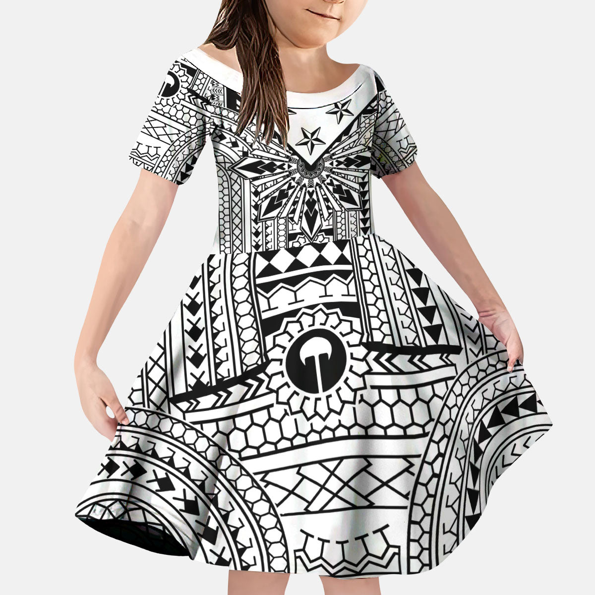 White Philippines Sun Star Kid Short Sleeve Dress Igorot Tribal Inspiration LT05 KID White - Polynesian Pride