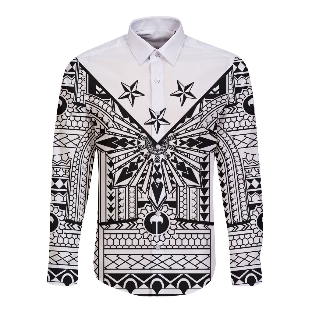 White Philippines Sun Star Long Sleeve Button Shirt Igorot Tribal Inspiration LT05 Unisex White - Polynesian Pride