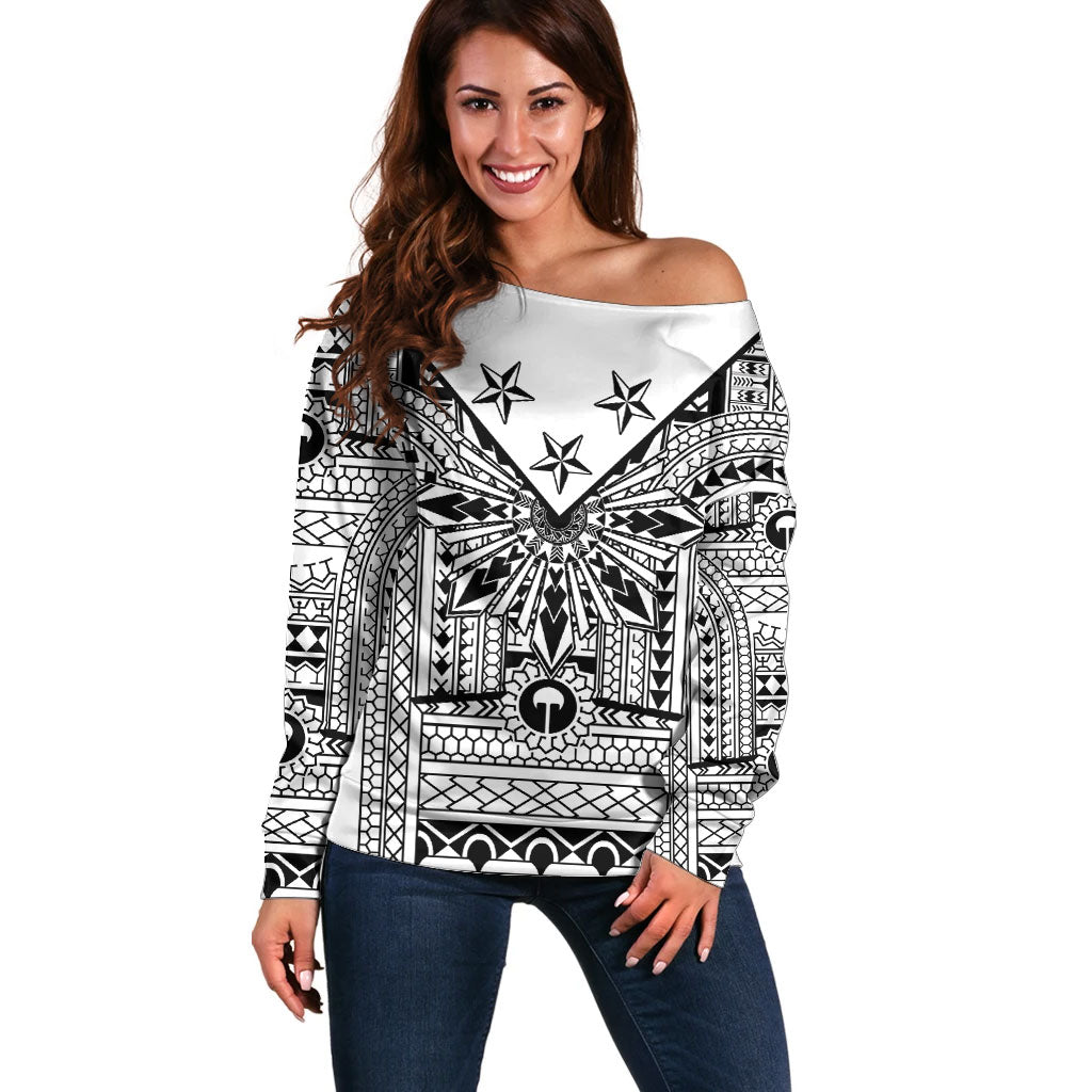 White Philippines Sun Star Off Shoulder Sweater Igorot Tribal Inspiration LT05 Women White - Polynesian Pride