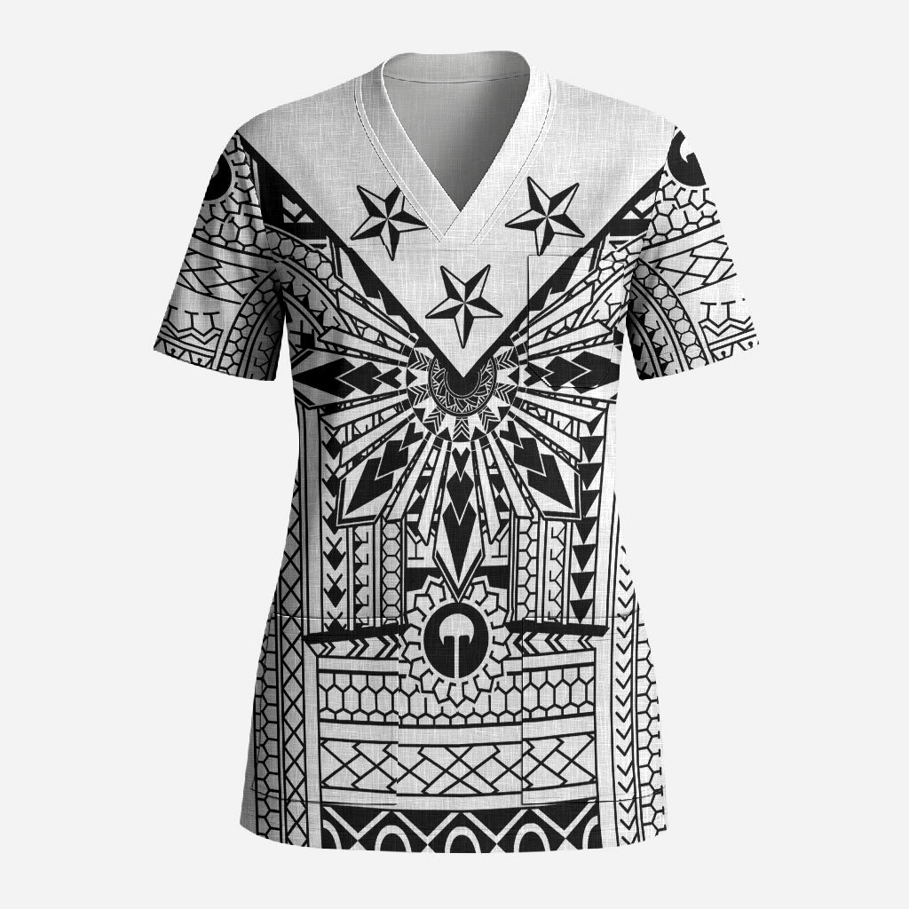 White Philippines Sun Star Scrub Top Igorot Tribal Inspiration LT05 Adult White - Polynesian Pride