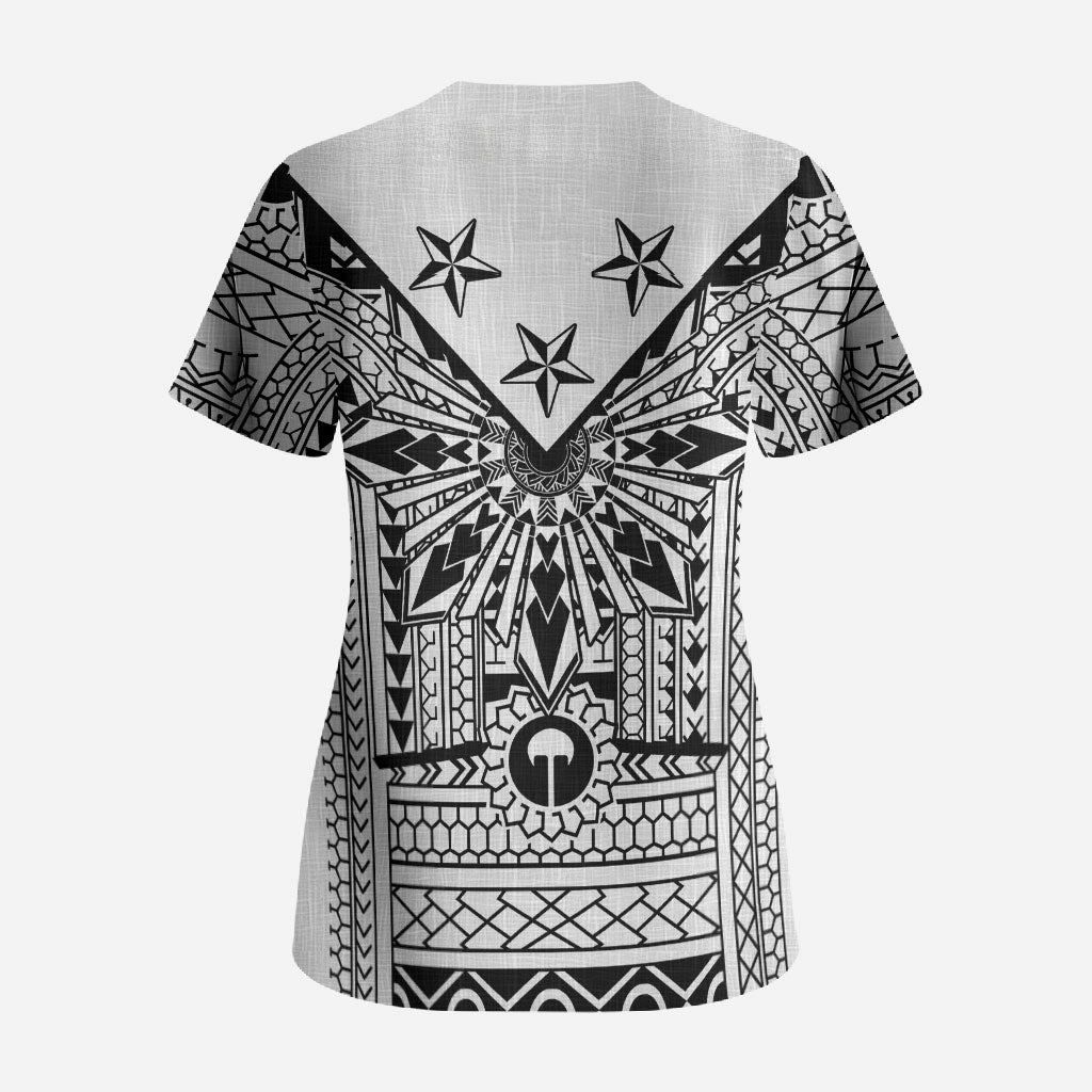 White Philippines Sun Star Scrub Top Igorot Tribal Inspiration LT05 - Polynesian Pride