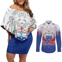 Custom Samoa Rugby 2024 Pacific Couples Matching Off Shoulder Short Dress and Long Sleeve Button Shirt Go Manu Samoa LT05 Blue - Polynesian Pride