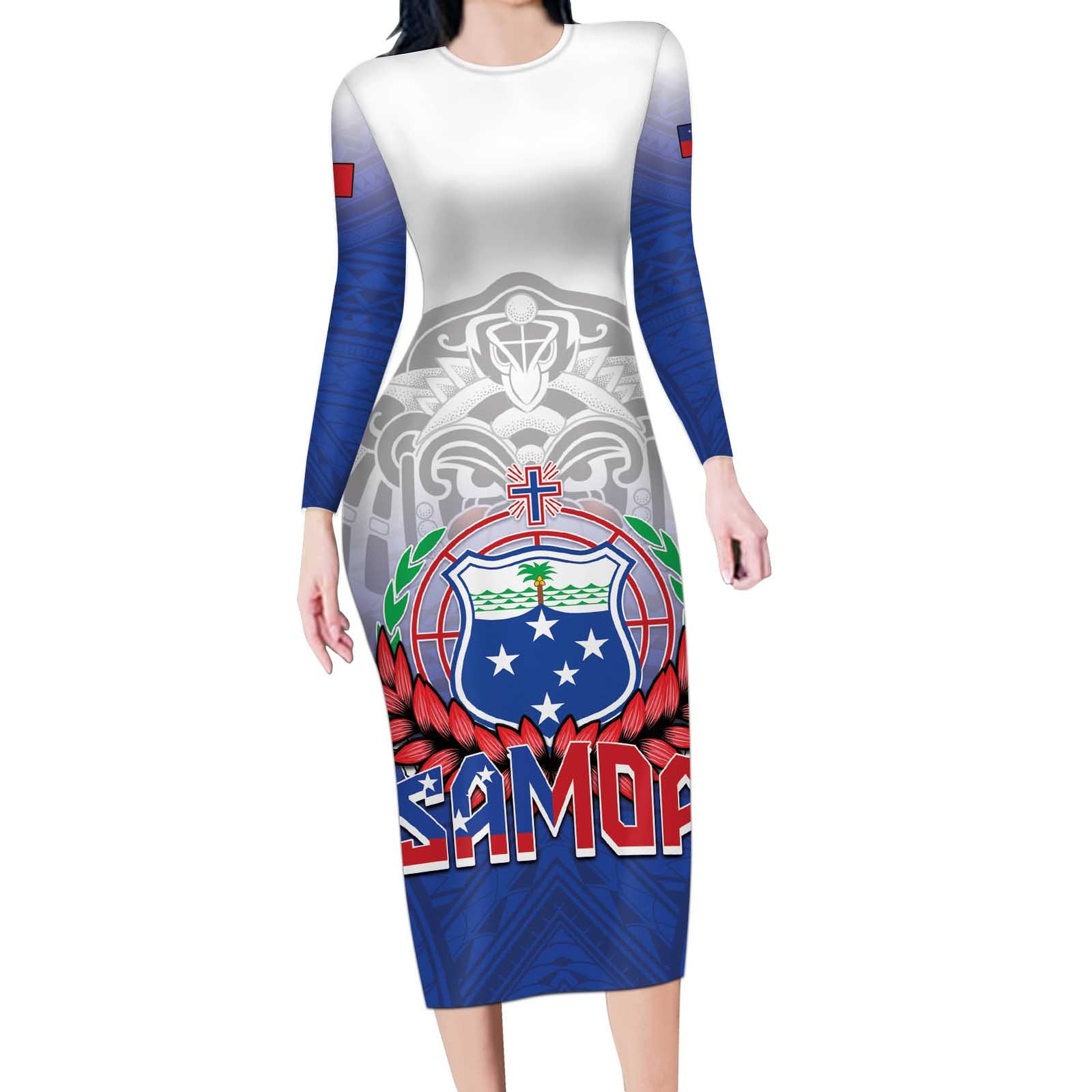 Custom Samoa Rugby 2024 Pacific Long Sleeve Bodycon Dress Go Manu Samoa LT05 Long Dress Blue - Polynesian Pride