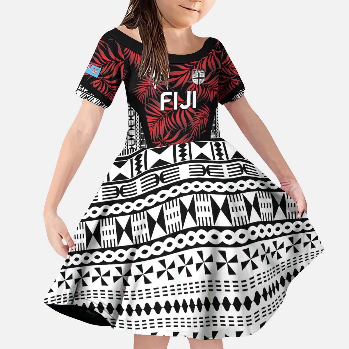 Custom Flying Fijians Rugby 2024 Pacific Kid Short Sleeve Dress Go Fiji LT05 KID Black - Polynesian Pride