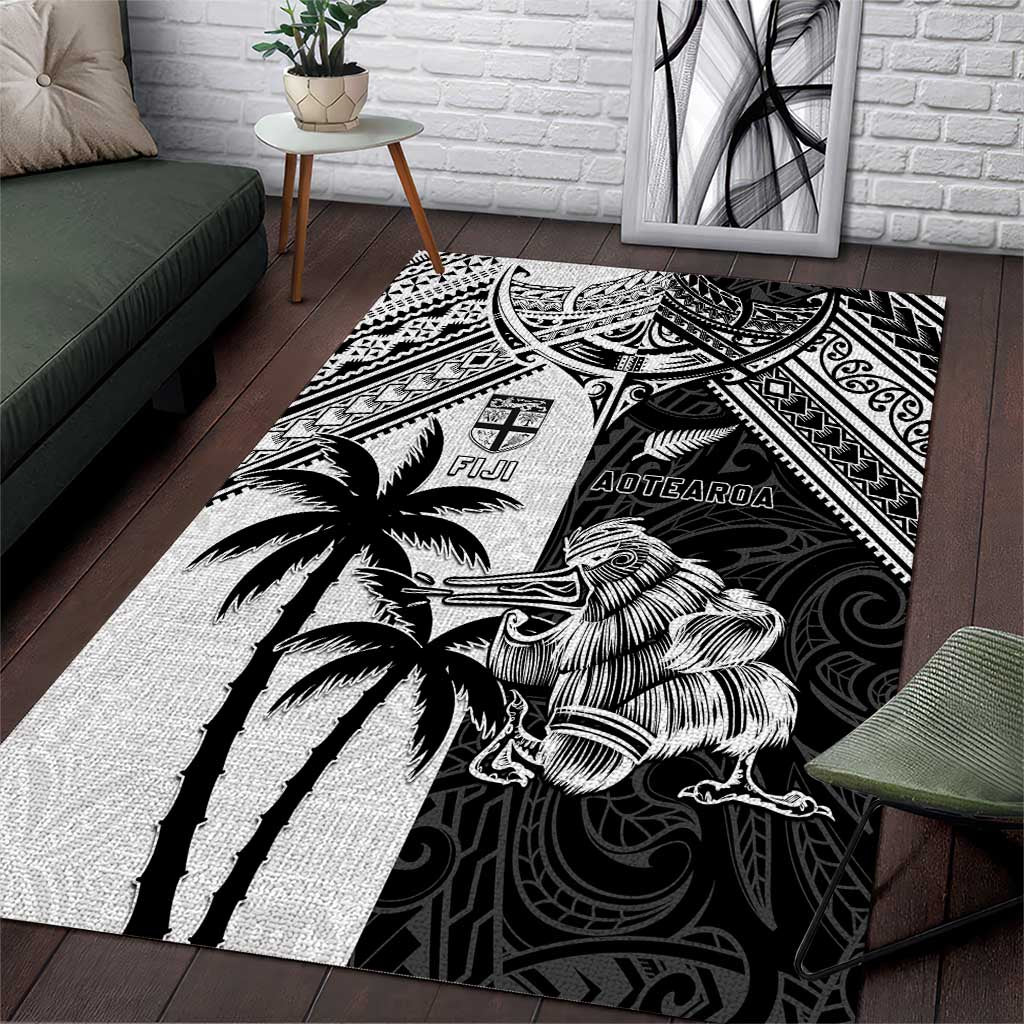 New Zealand And Fiji Rugby 2024 Area Rug Maori Kiwi With Fijian Palm Tree LT05 Black - Polynesian Pride