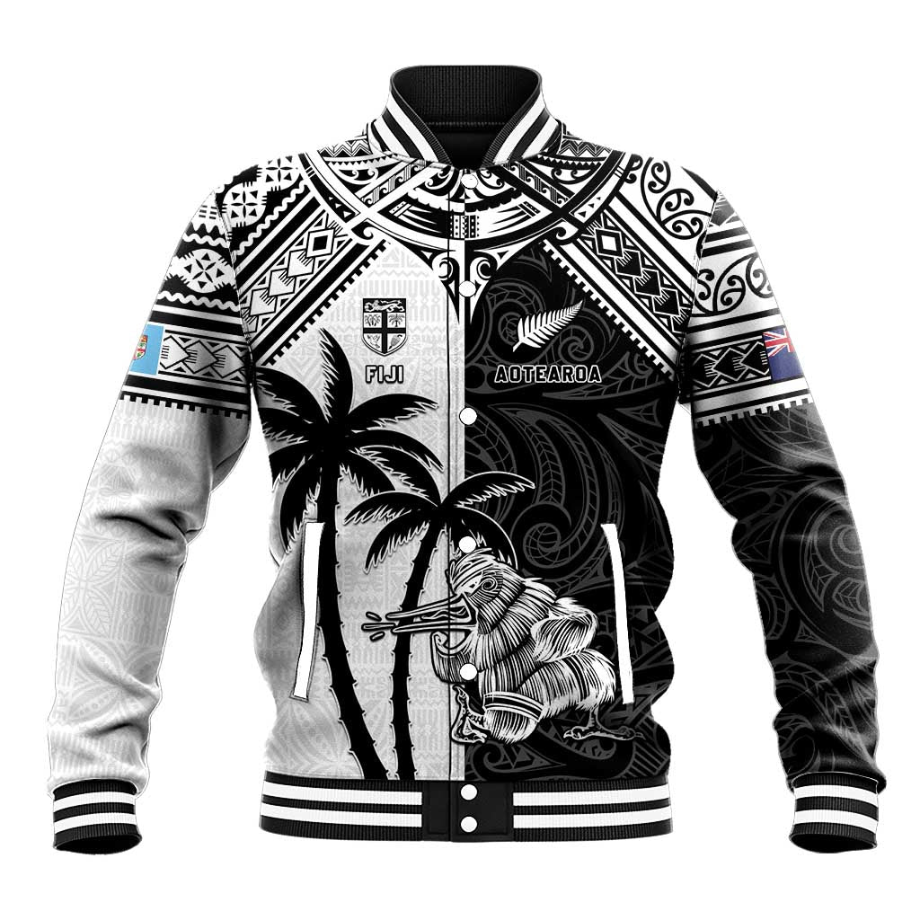 Custom New Zealand And Fiji Rugby 2024 Baseball Jacket Maori Kiwi With Fijian Palm Tree LT05 Unisex Black - Polynesian Pride