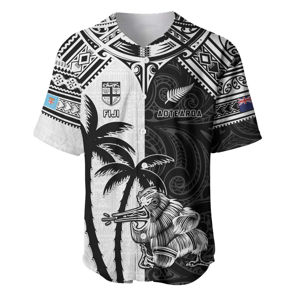 Custom New Zealand And Fiji Rugby 2024 Baseball Jersey Maori Kiwi With Fijian Palm Tree LT05 Black - Polynesian Pride