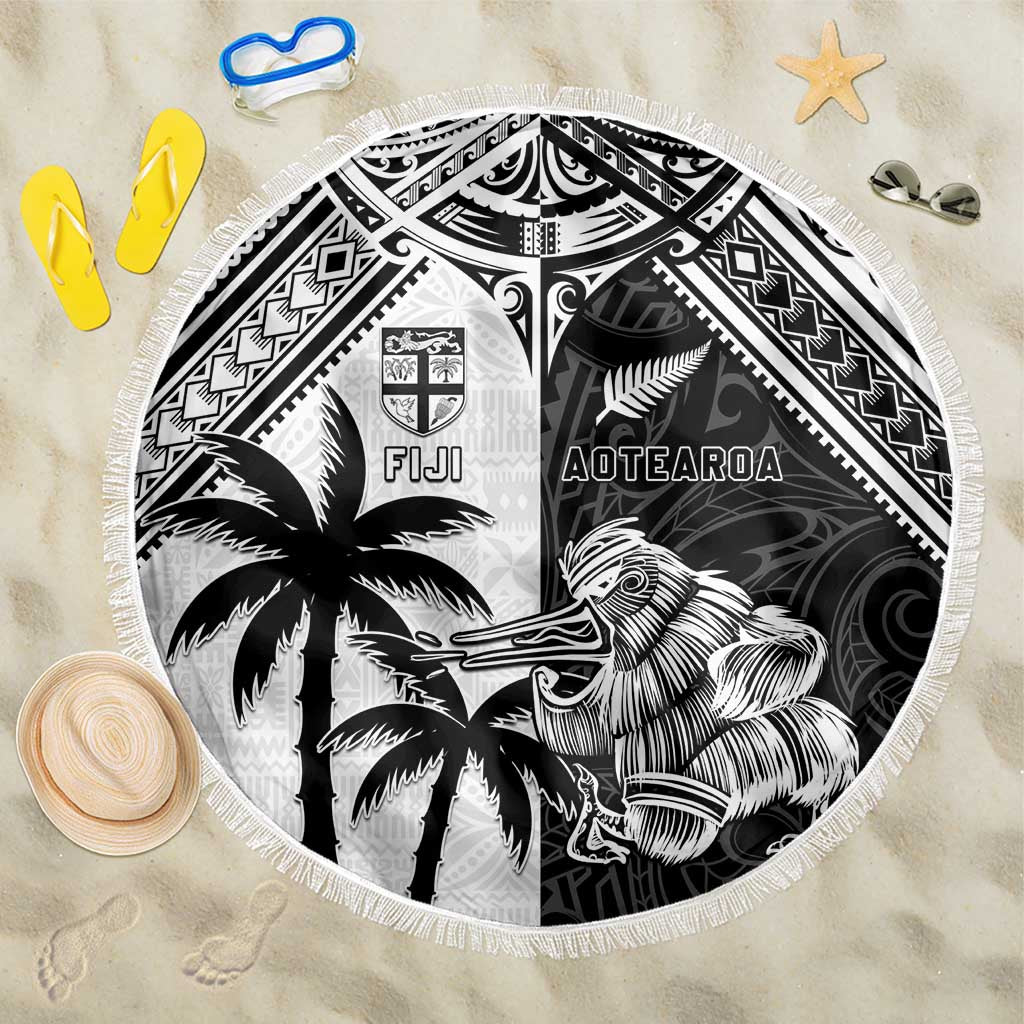 New Zealand And Fiji Rugby 2024 Beach Blanket Maori Kiwi With Fijian Palm Tree LT05 One Size 150cm Black - Polynesian Pride