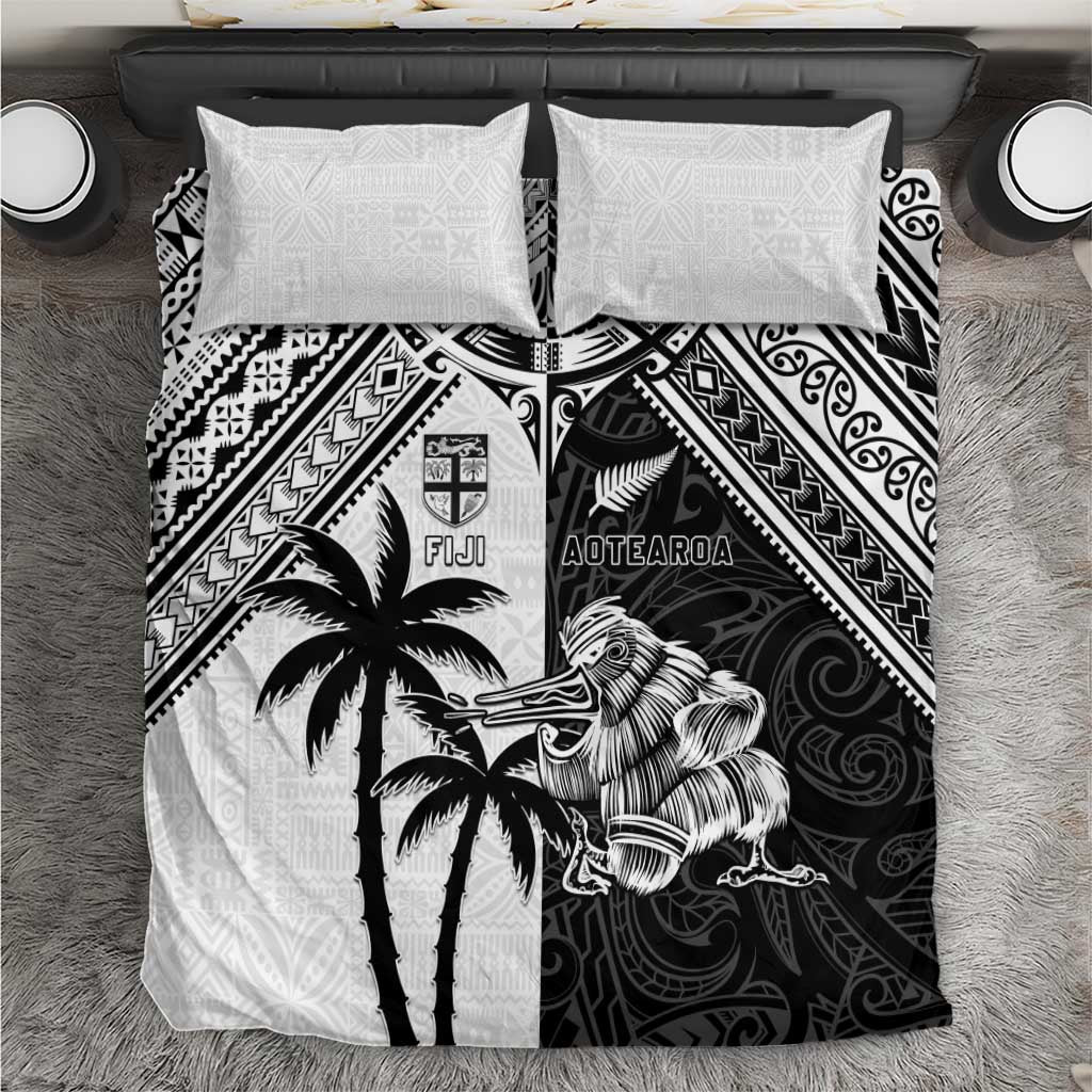 New Zealand And Fiji Rugby 2024 Bedding Set Maori Kiwi With Fijian Palm Tree