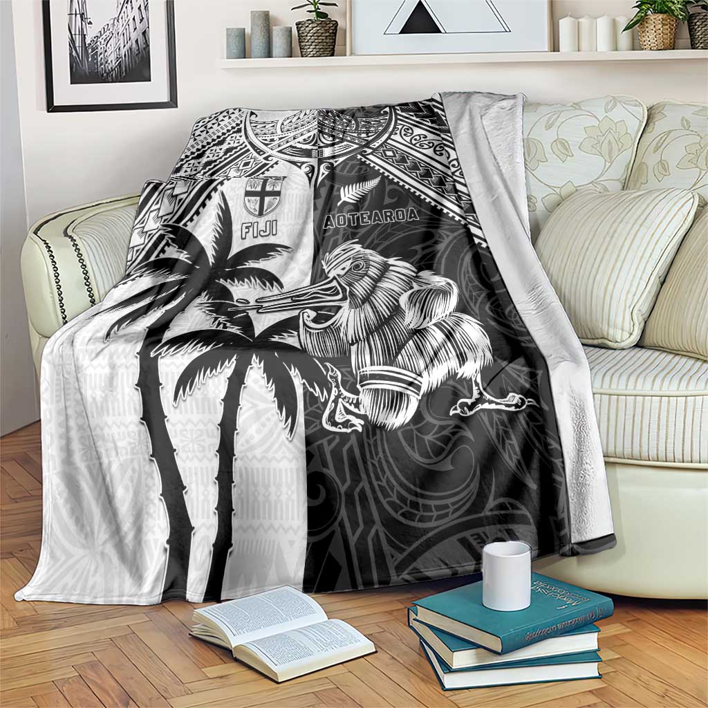 New Zealand And Fiji Rugby 2024 Blanket Maori Kiwi With Fijian Palm Tree LT05 Black - Polynesian Pride