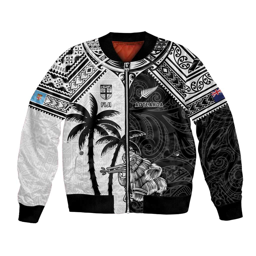 Custom New Zealand And Fiji Rugby 2024 Bomber Jacket Maori Kiwi With Fijian Palm Tree LT05 Unisex Black - Polynesian Pride