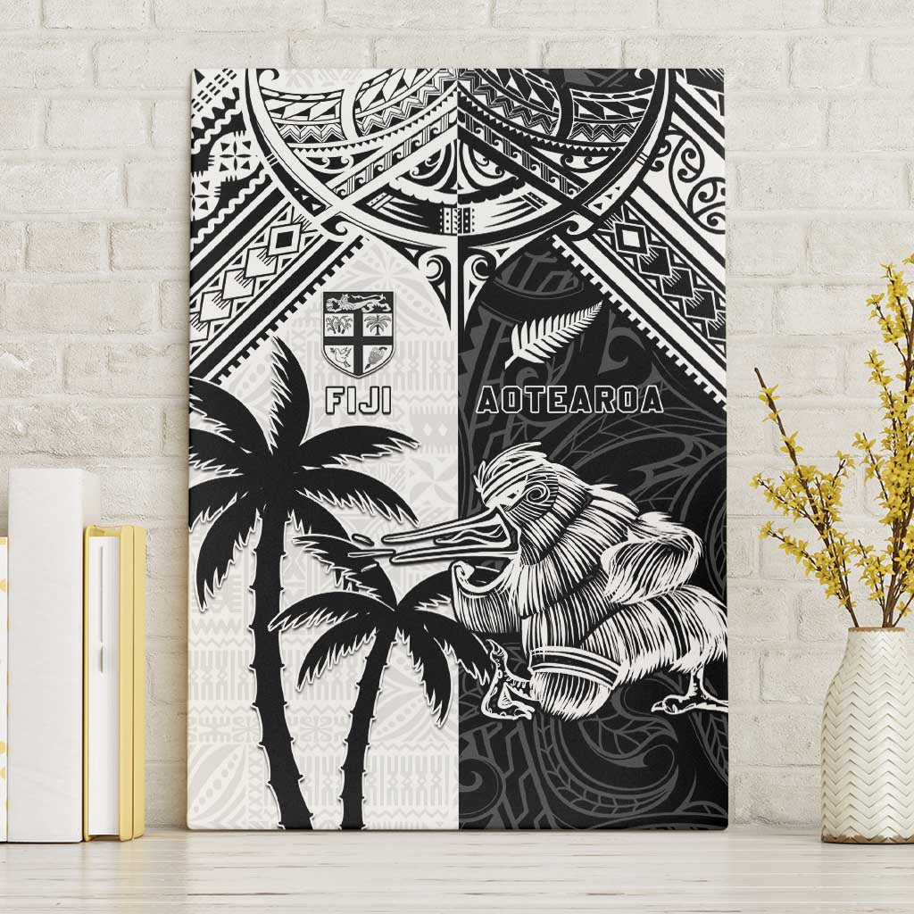 New Zealand And Fiji Rugby 2024 Canvas Wall Art Maori Kiwi With Fijian Palm Tree LT05 Without Frame Black - Polynesian Pride