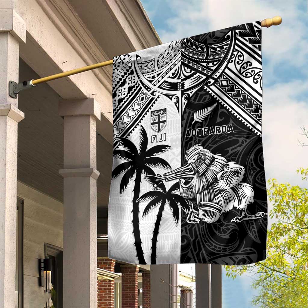 New Zealand And Fiji Rugby 2024 Garden Flag Maori Kiwi With Fijian Palm Tree LT05 House Flag Black - Polynesian Pride