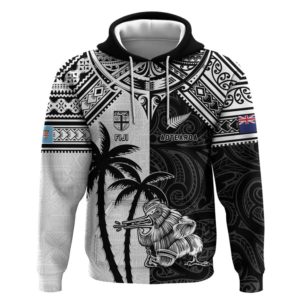 Custom New Zealand And Fiji Rugby 2024 Hoodie Maori Kiwi With Fijian Palm Tree LT05 Pullover Hoodie Black - Polynesian Pride