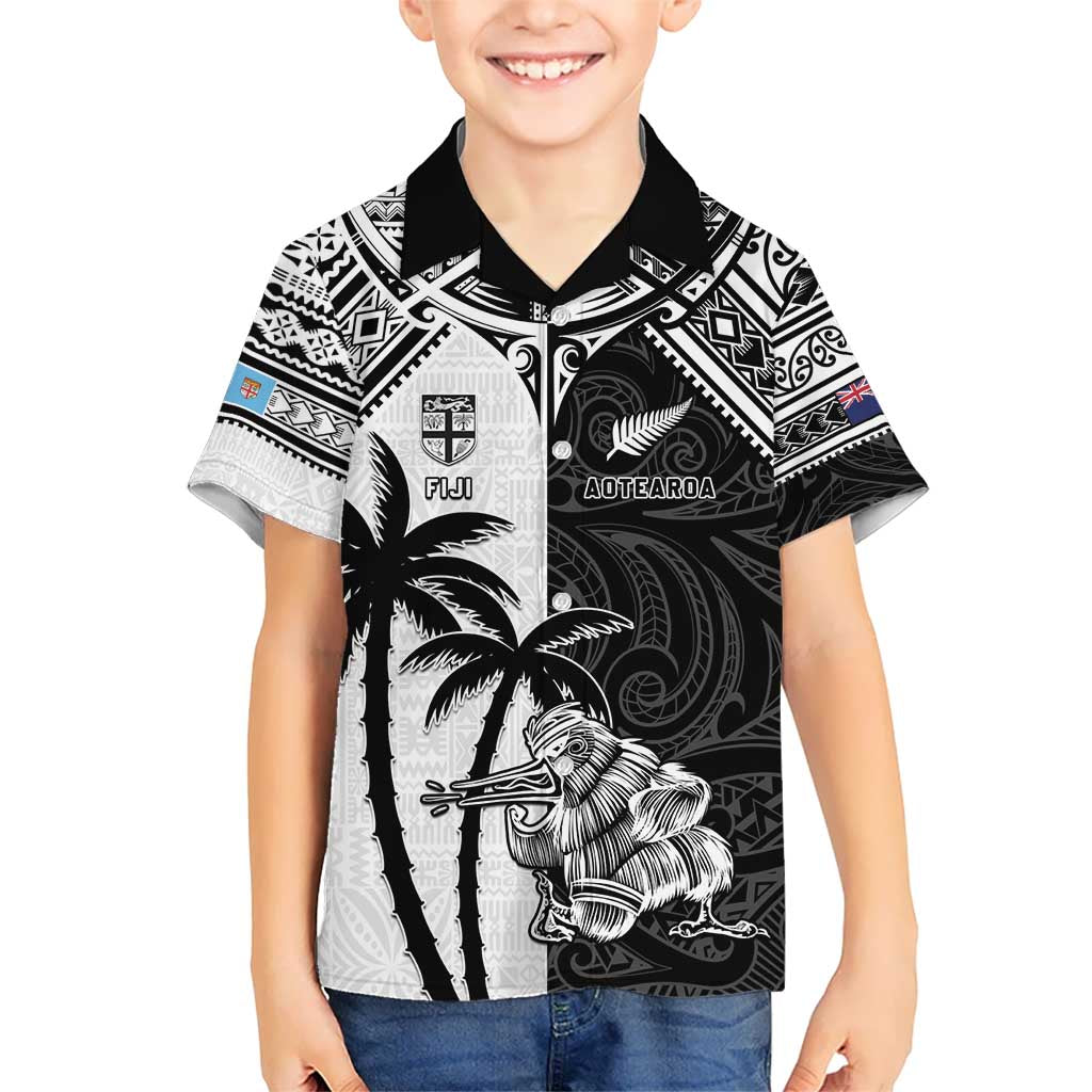 Custom New Zealand And Fiji Rugby 2024 Kid Hawaiian Shirt Maori Kiwi With Fijian Palm Tree LT05 Kid Black - Polynesian Pride