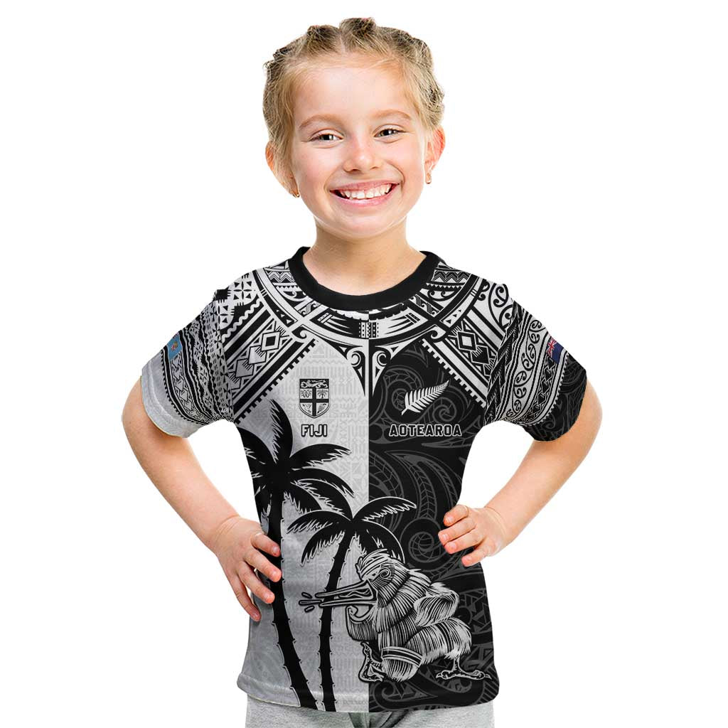 Custom New Zealand And Fiji Rugby 2024 Kid T Shirt Maori Kiwi With Fijian Palm Tree LT05 Black - Polynesian Pride