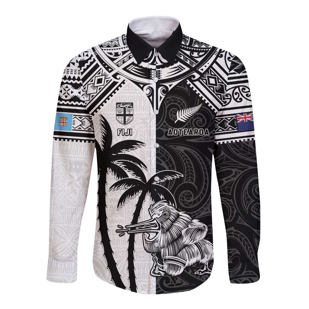 Custom New Zealand And Fiji Rugby 2024 Long Sleeve Button Shirt Maori Kiwi With Fijian Palm Tree LT05 Unisex Black - Polynesian Pride