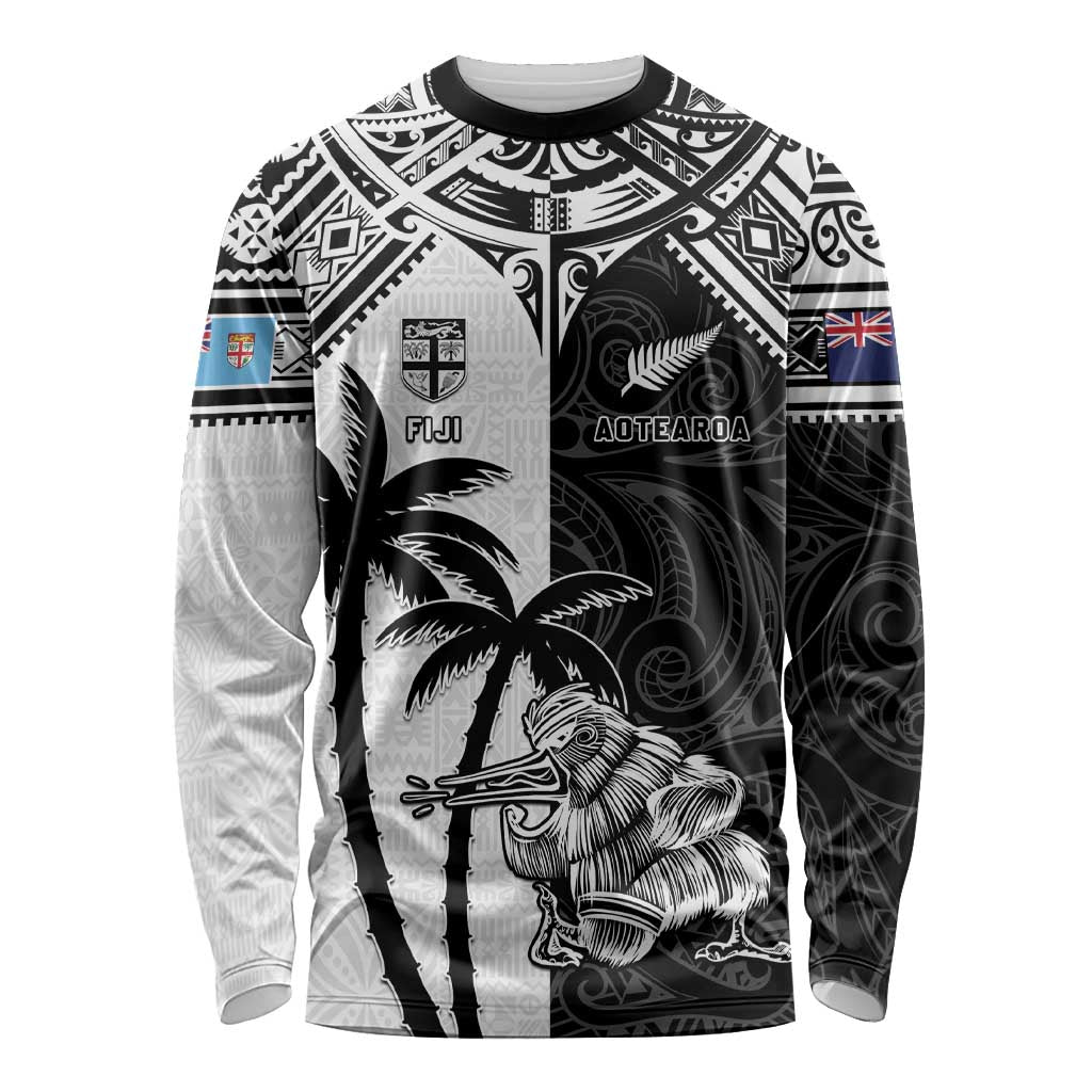 Custom New Zealand And Fiji Rugby 2024 Long Sleeve Shirt Maori Kiwi With Fijian Palm Tree LT05 Unisex Black - Polynesian Pride
