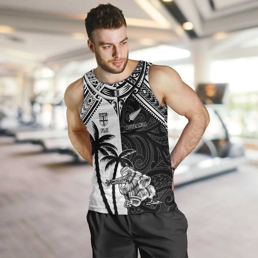 Custom New Zealand And Fiji Rugby 2024 Men Tank Top Maori Kiwi With Fijian Palm Tree LT05 Black - Polynesian Pride