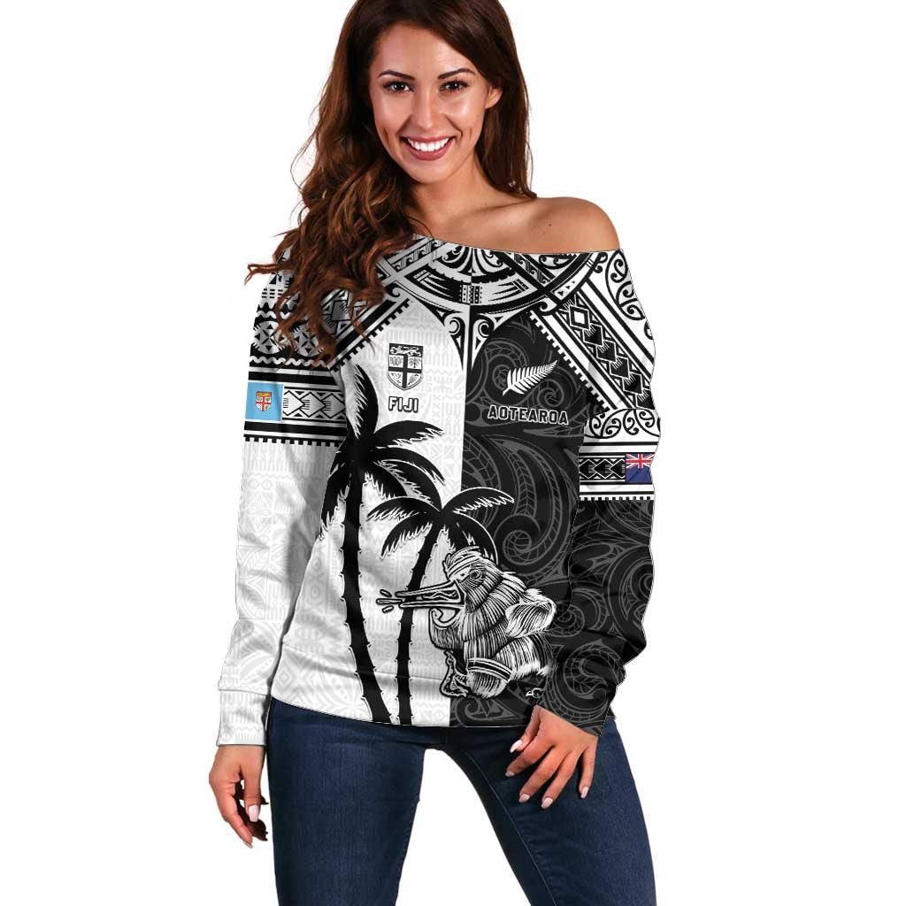 Custom New Zealand And Fiji Rugby 2024 Off Shoulder Sweater Maori Kiwi With Fijian Palm Tree LT05 Women Black - Polynesian Pride
