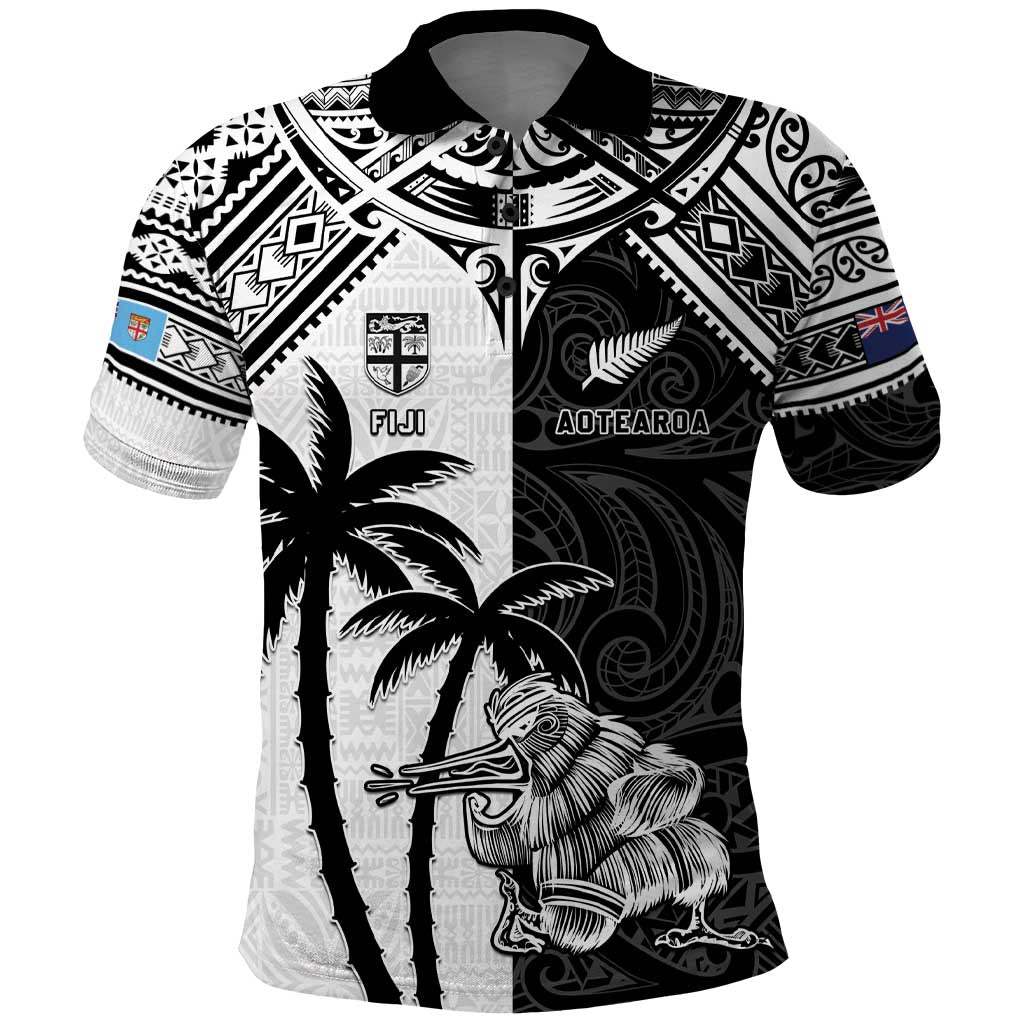 Custom New Zealand And Fiji Rugby 2024 Polo Shirt Maori Kiwi With Fijian Palm Tree LT05 Black - Polynesian Pride