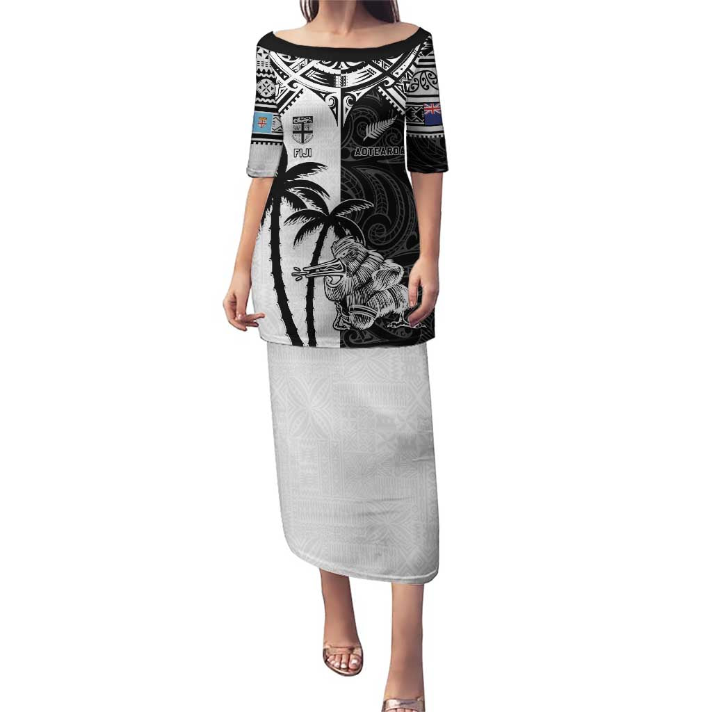 Custom New Zealand And Fiji Rugby 2024 Puletasi Maori Kiwi With Fijian Palm Tree LT05 Long Dress Black - Polynesian Pride