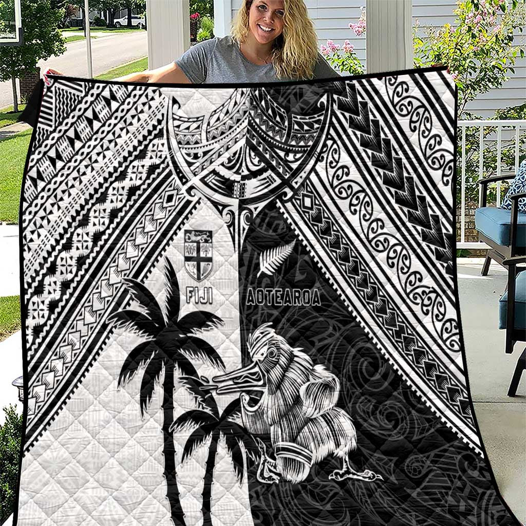 New Zealand And Fiji Rugby 2024 Quilt Maori Kiwi With Fijian Palm Tree LT05 Black - Polynesian Pride