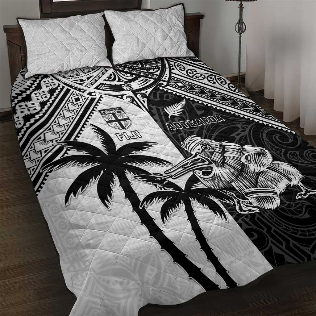 New Zealand And Fiji Rugby 2024 Quilt Bed Set Maori Kiwi With Fijian Palm Tree LT05 Black - Polynesian Pride