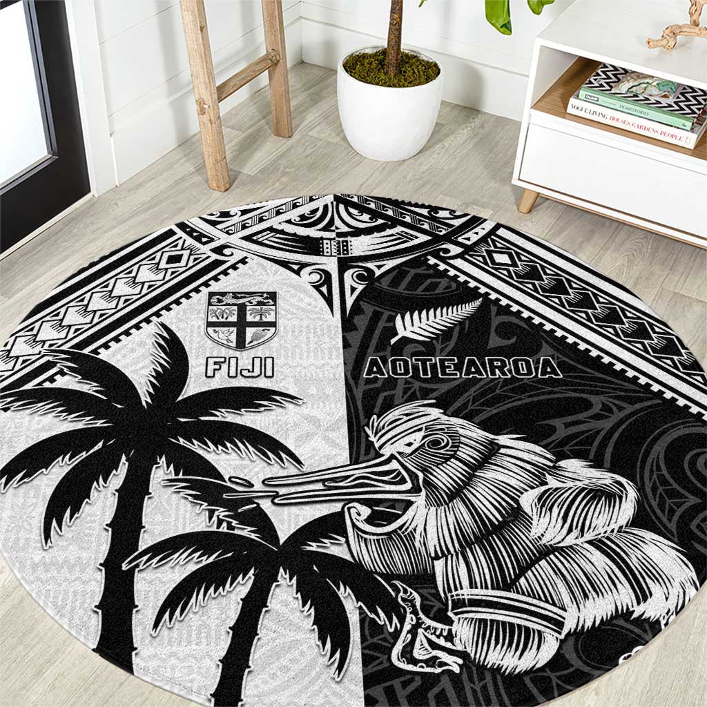 New Zealand And Fiji Rugby 2024 Round Carpet Maori Kiwi With Fijian Palm Tree LT05 Black - Polynesian Pride