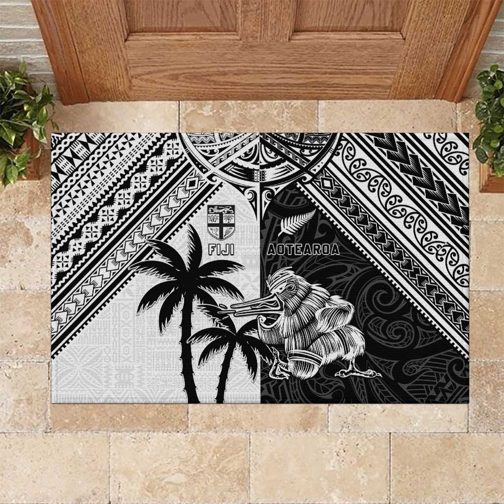 New Zealand And Fiji Rugby 2024 Rubber Doormat Maori Kiwi With Fijian Palm Tree LT05 Black - Polynesian Pride